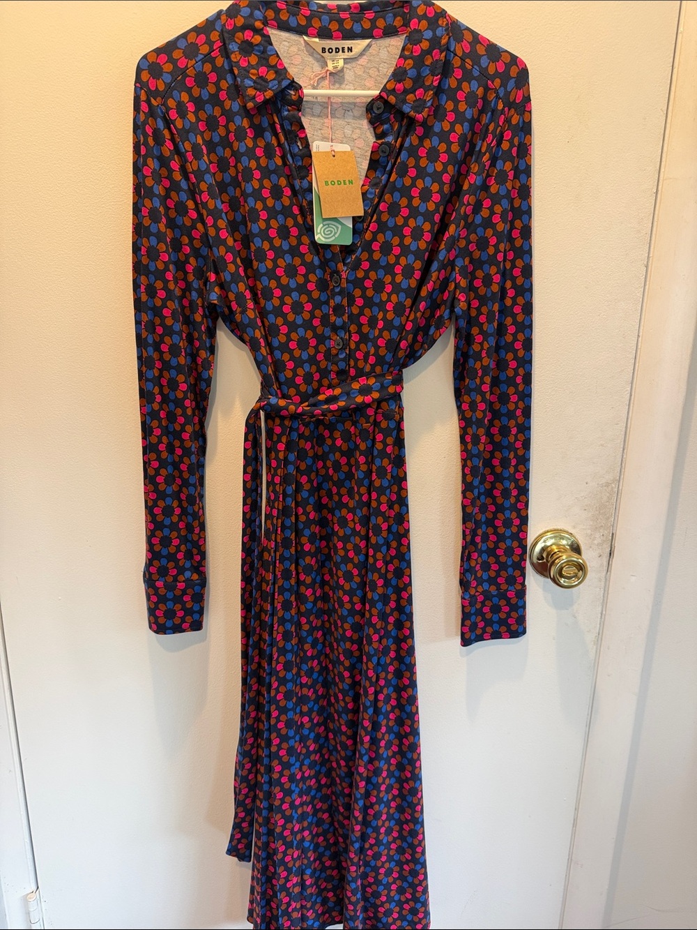Boden Navy Dress with Pink and Red Dot Print